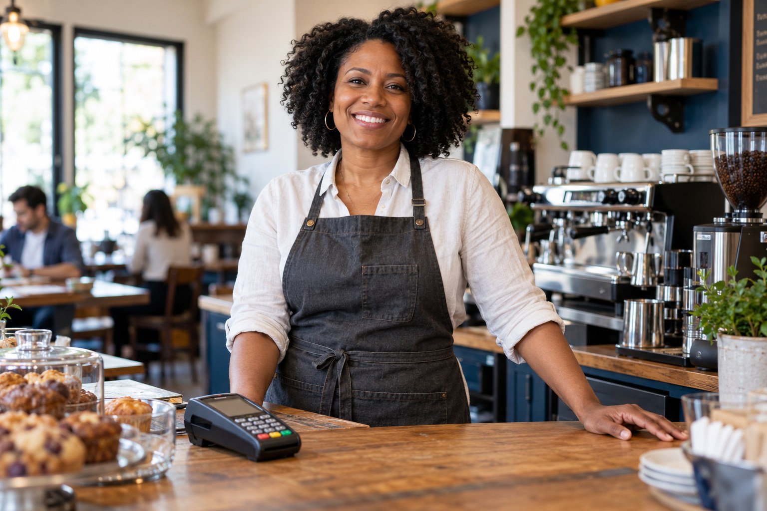 Small business owner at a café counter with a payment terminal